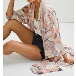 Anthropologie NWT Neutral Floral Suede Fringe Belted Sheer Kimono Duster O/S